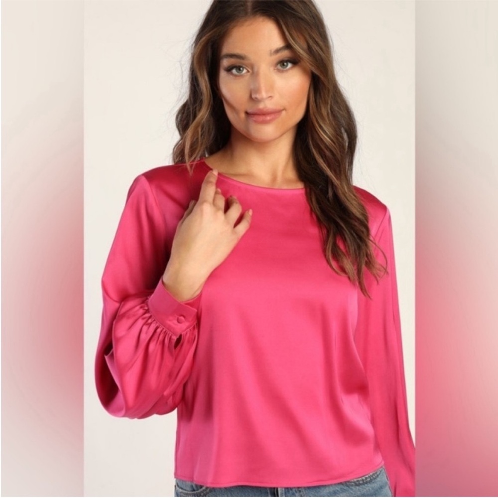 Lulus Feeling Excellent Hot Pink Satin Long Sleeve Blouse Top Medium
